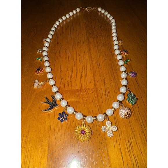 Necklace Gold Zirconia Loaded with Chunky Charms Bird Flower Leaf Beads, Pearls - Picture 4 of 9